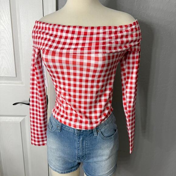 Princess Polly Singular Off The Shoulder Long Sleeve Top Red Check 6 - Picture 1 of 4